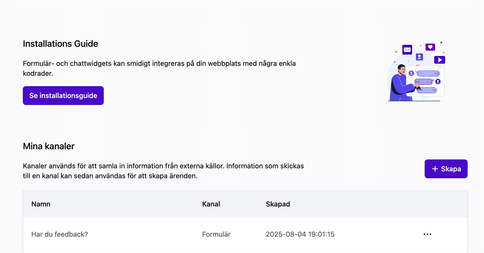 Kanalsidan i Ärendehanteraren med länk till installationsguide för att embedda formulär